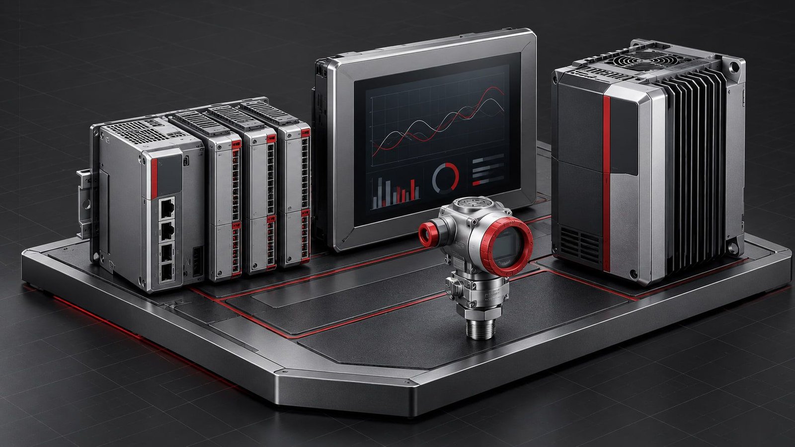 Illustration of automation hardware: PLC modules, an HMI panel, a field transmitter and a drive.