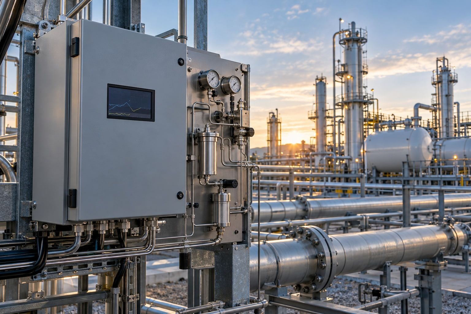 Illustration of an analyzer cabinet and sample conditioning panel mounted beside large insulated process pipelines, with gas treatment columns behind.